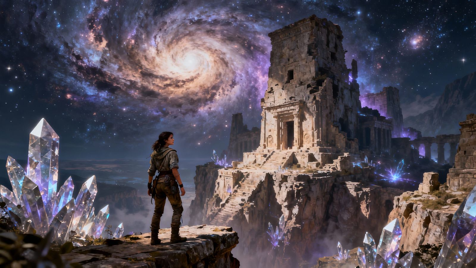 Adventurer at Cosmic Ruins in Dramatic Cinematic Style