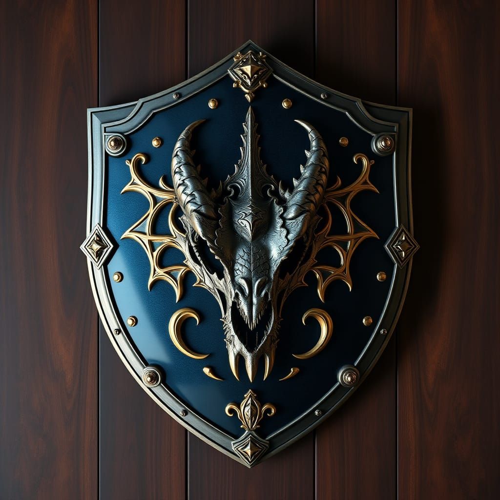 Medieval-Inspired Family Crest with Ornate Dragon Skull