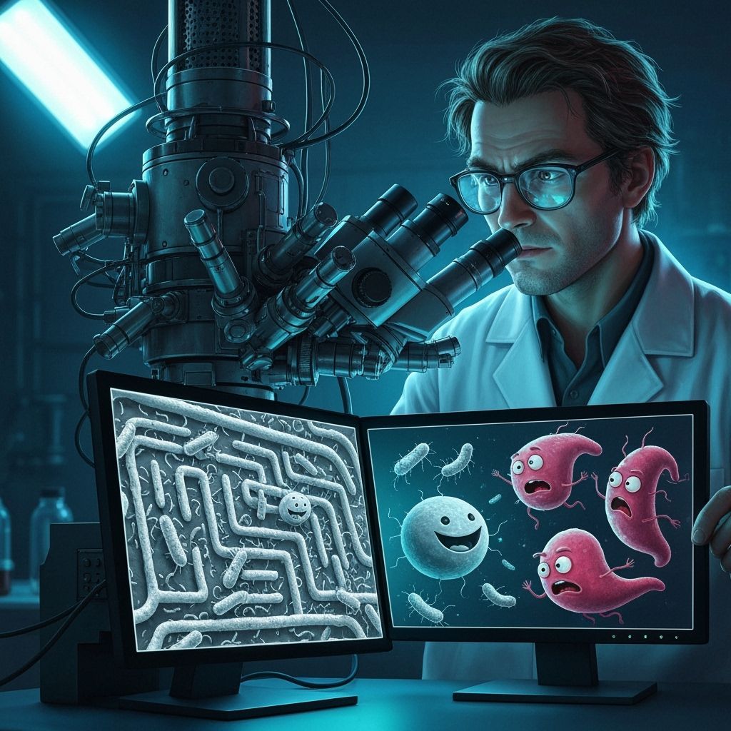 Scientist Operates Microscope Displaying Pac-Man Bacteria Ga...