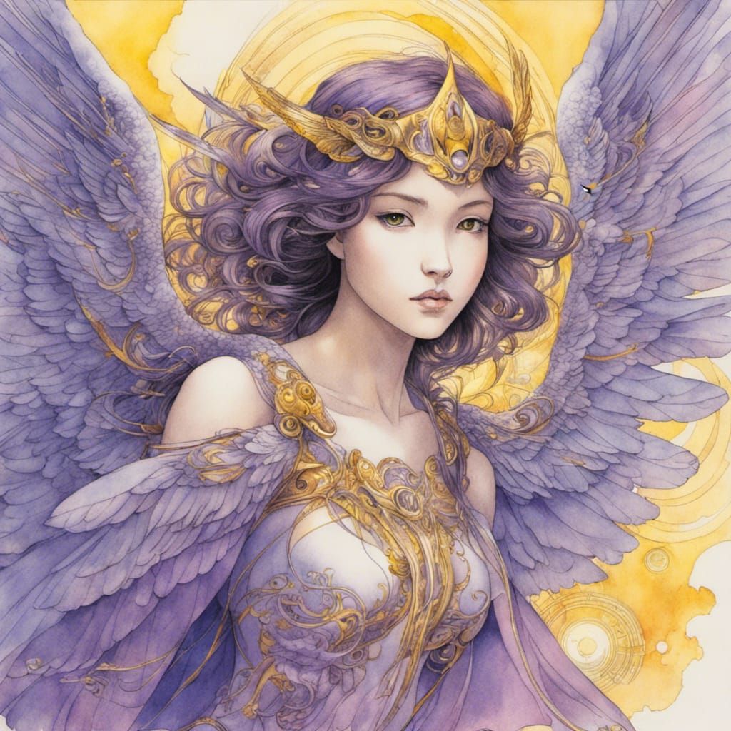 Winged Girl Flying in Sky: Manga Watercolor Art