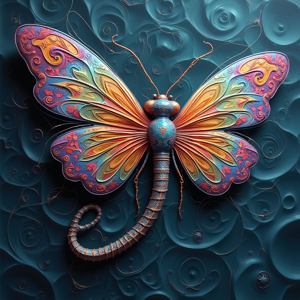 Iridescent Dragonfly-Butterfly Hybrid in Fractal Zentangle U...