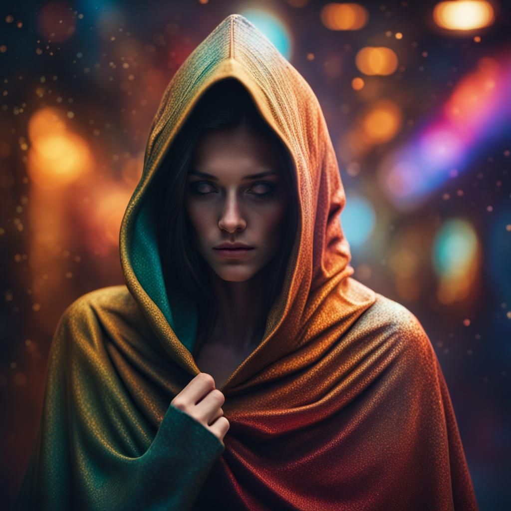 Woman hiding her face on a long caped hood  Hyperrealistic, ...