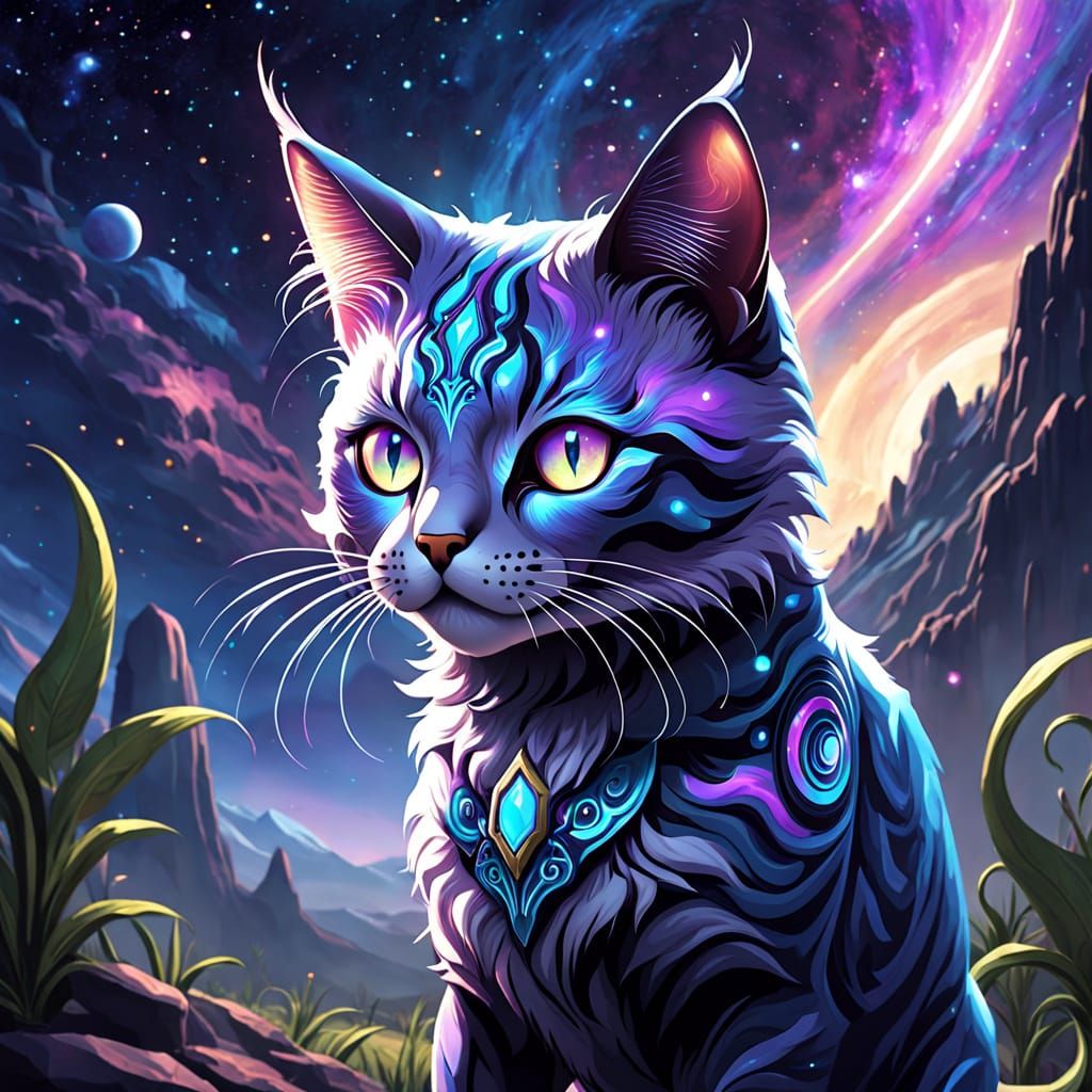 Cosmic Cat in Surreal Alien Landscape Digital Painting