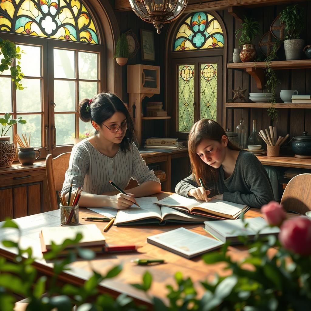 Mother and Child Doing Homework: Fantasy Concept Art