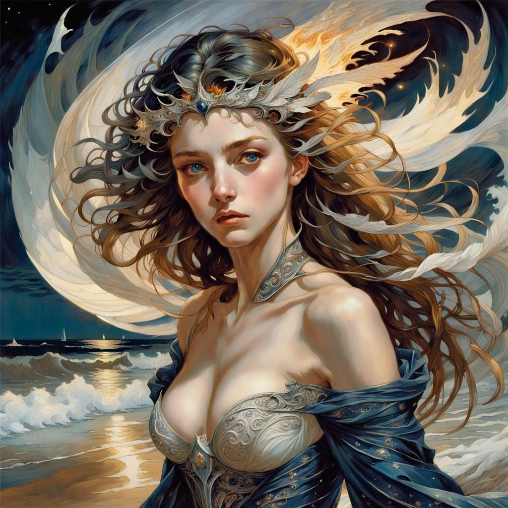 Starlit Beach at Night as Art Nouveau Painting