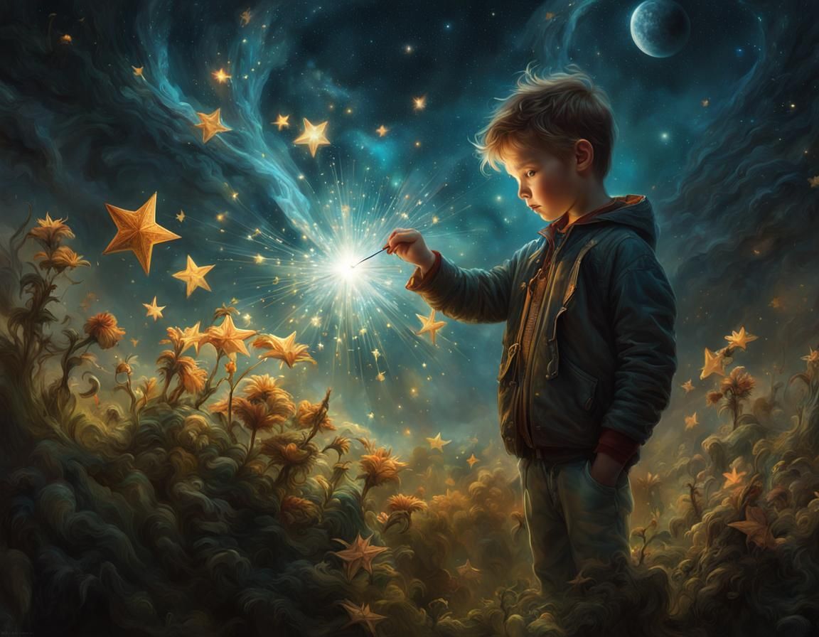 Cute Boy Plucking Stars in Fantasy Garden