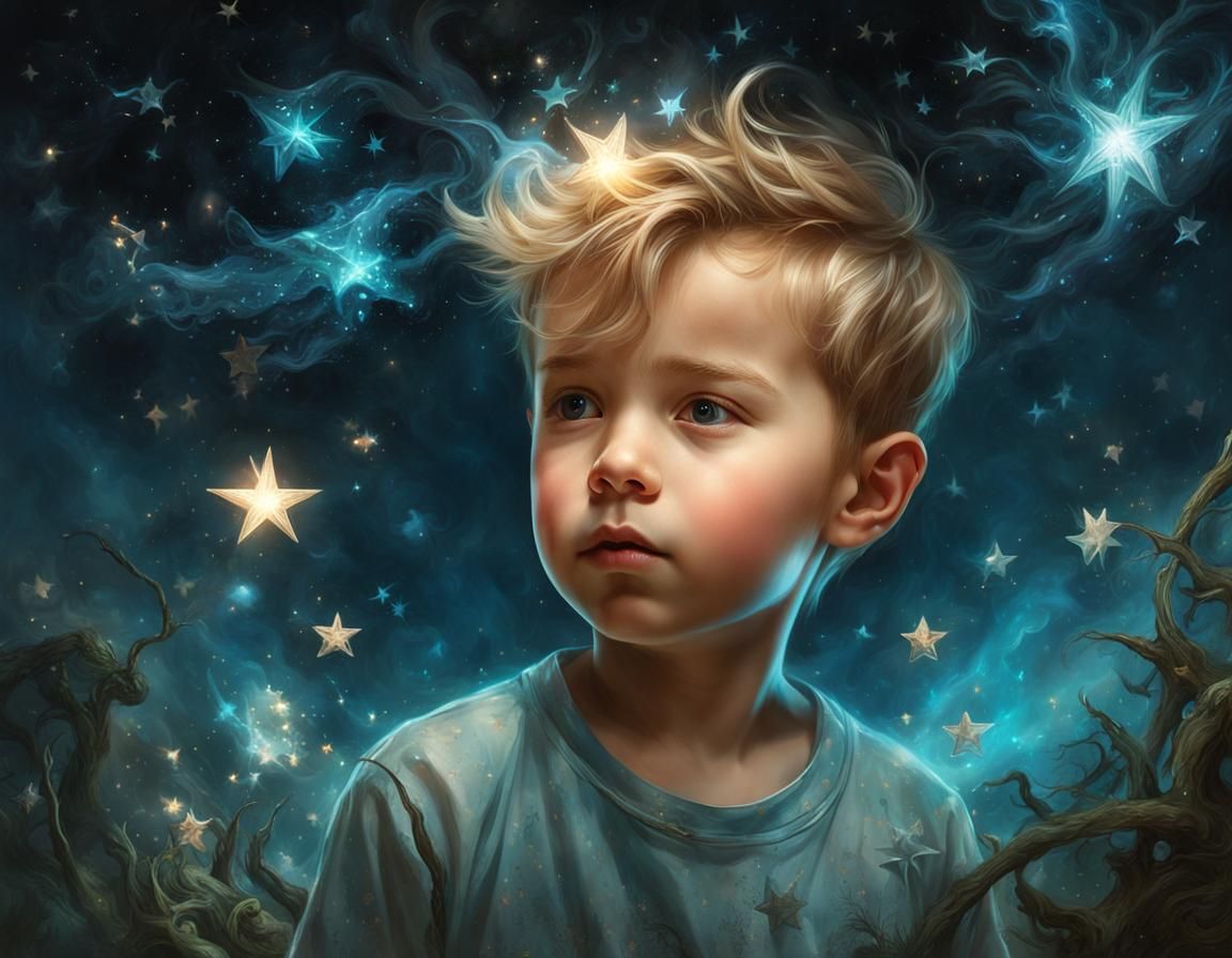Boy Plucking Stars from Night Sky Portrait