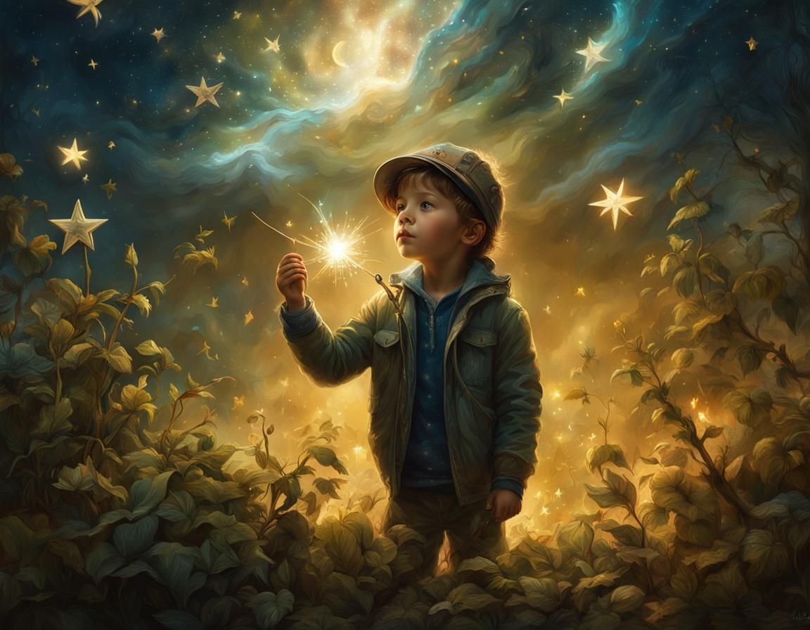 Boy Plucking Stars from Night Sky: Ink Portrait