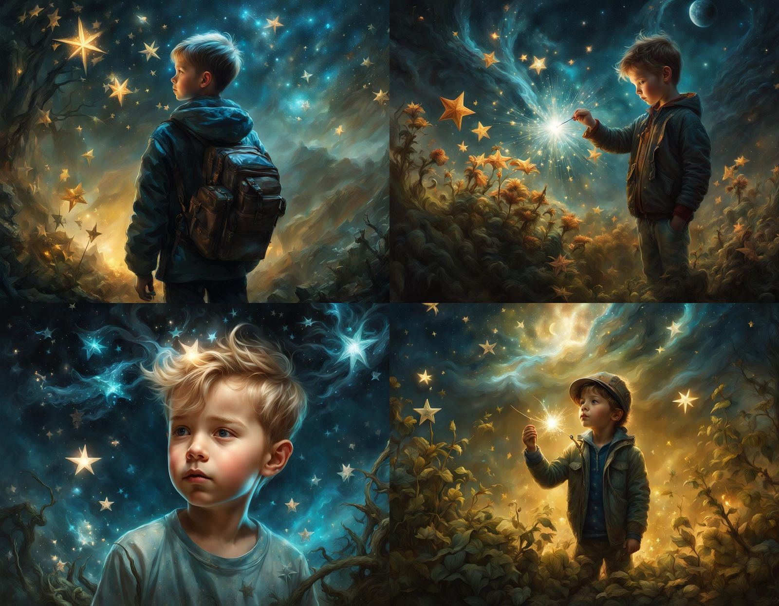Boy Plucking Stars in Ink Portrait Style