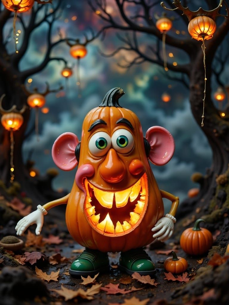 Mr. Potato Head Jack-o'-Lantern in Whimsical Autumn Scene