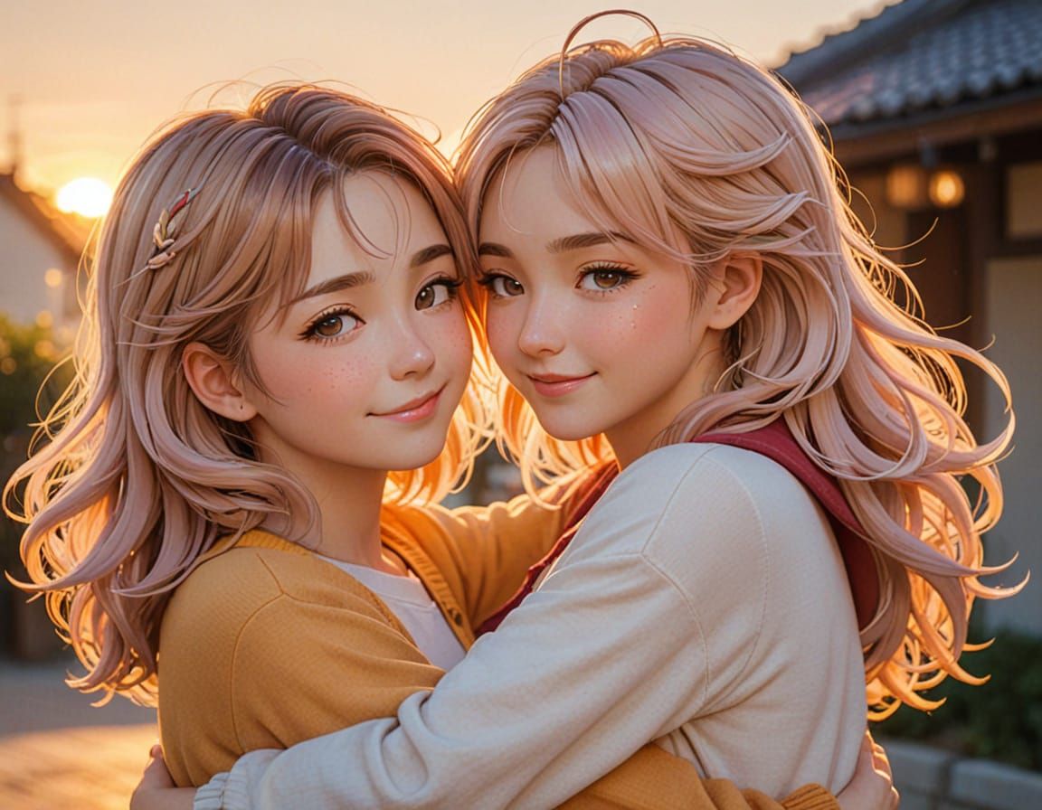 Anime Art of Two Women Embracing in Warm Light
