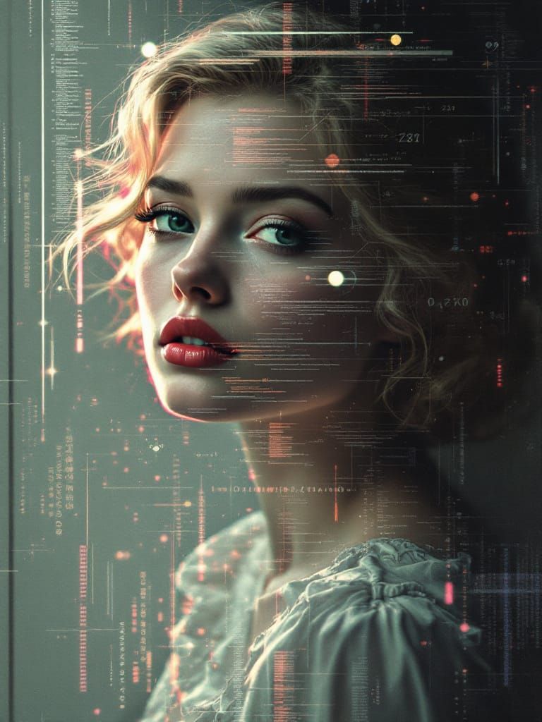 Cybernetic Pin-Up Woman in Glitch Art Style