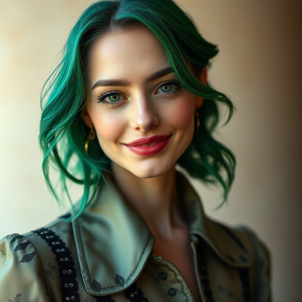 High quality professional photo of a Glam style woman with green eyes and hair styled in the same style. Her light skin ...