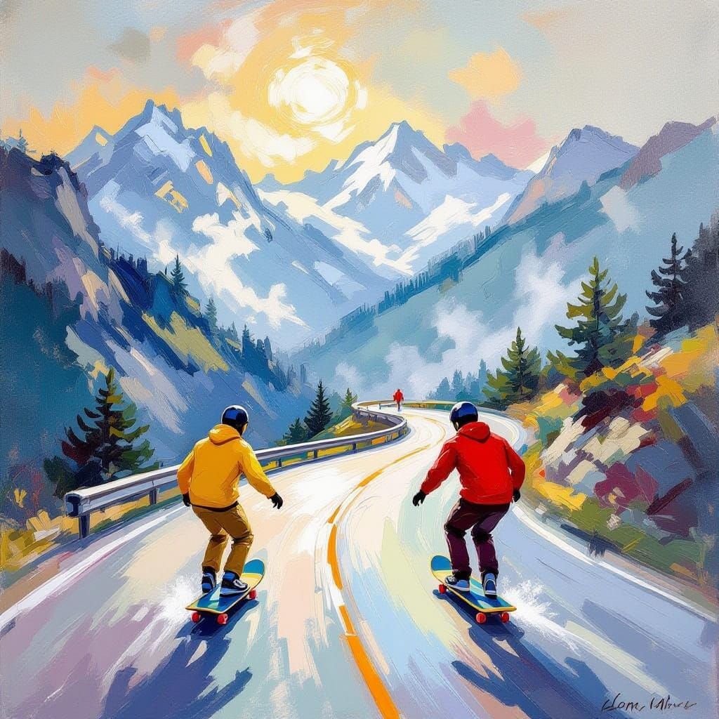 Skateboarders Glide Gracefully on Misty Mountain Road