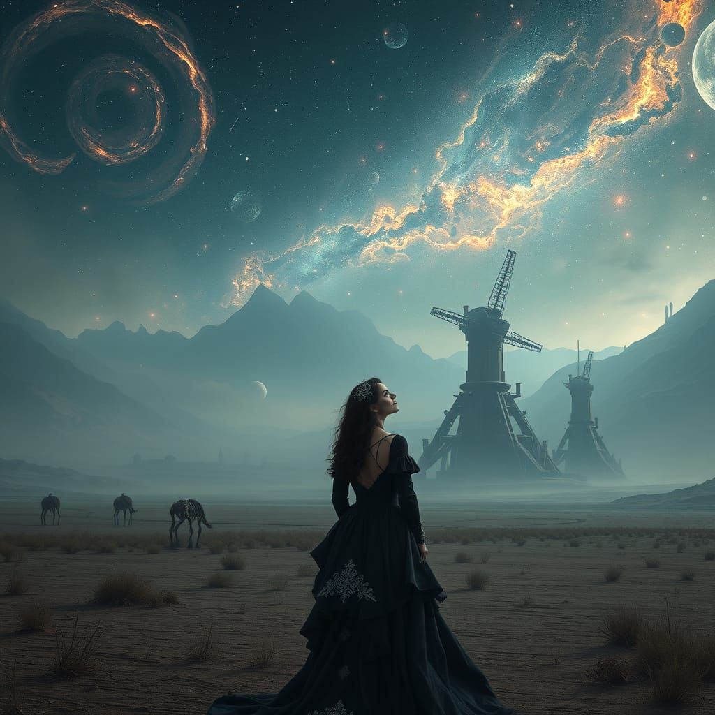 Gothic Woman Gazing at Nebula in Steampunk City