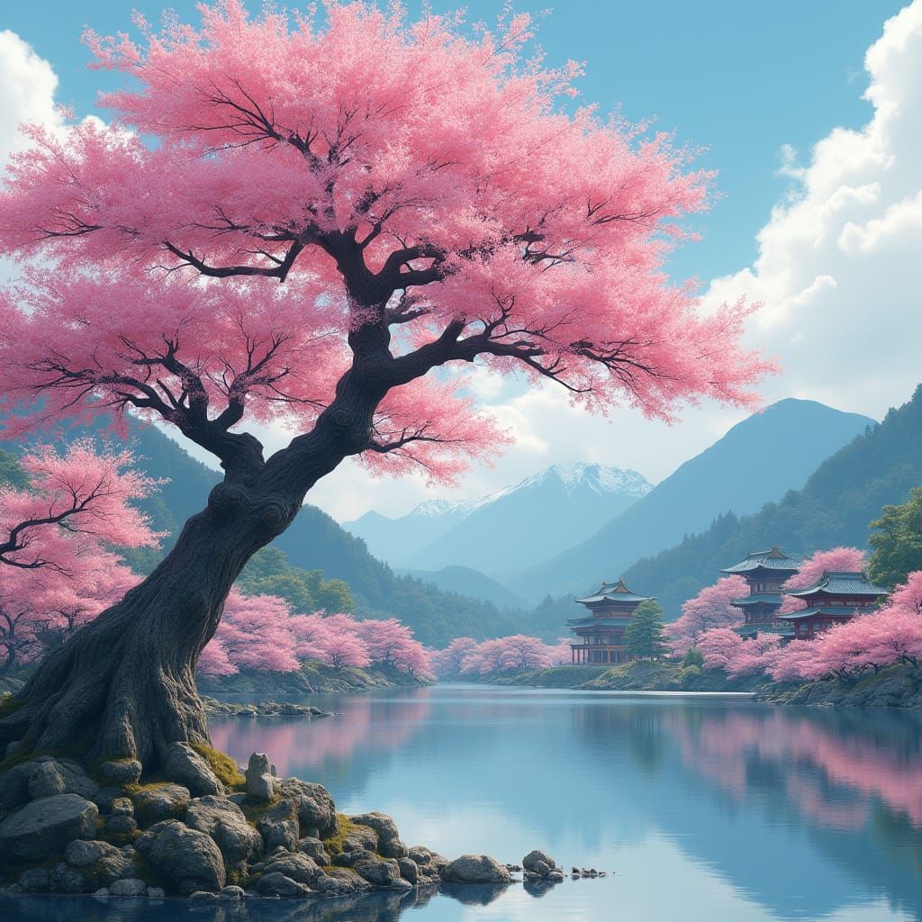 Sakura Tree by Lake with Japanese Temples, Ukiyo-e Style