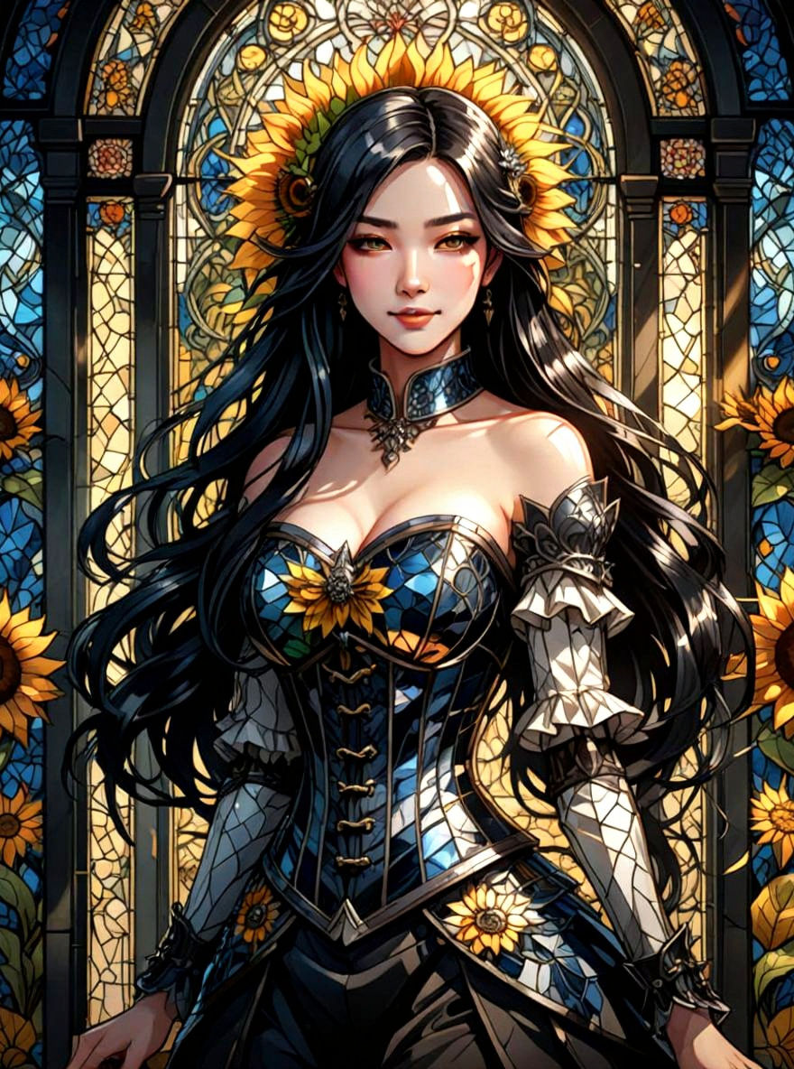 Cubist Stained Glass: Woman with Sunflowers