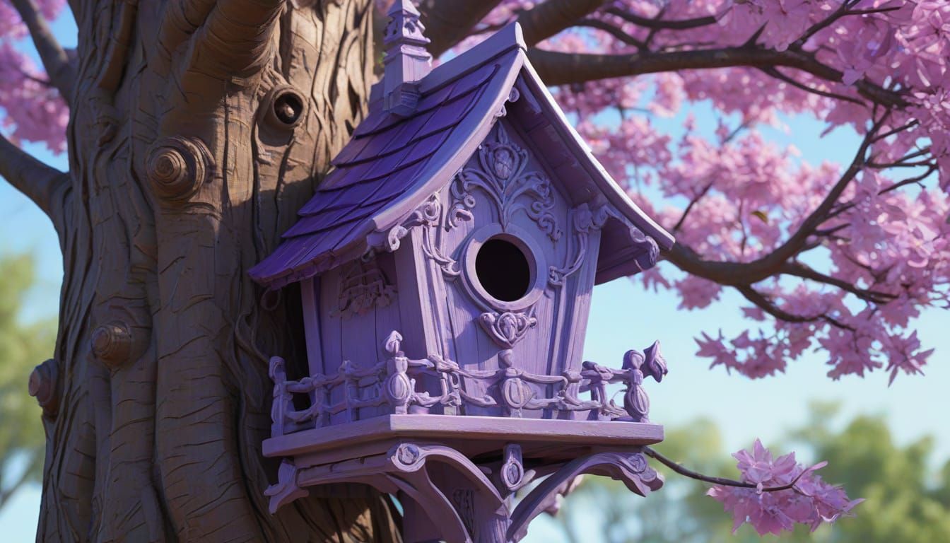 Purple Birdhouse in Vibrant Anime Style