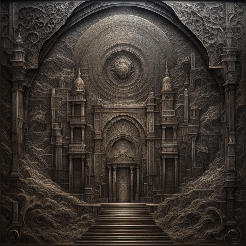 Mysterious Metal Relief Plaque in Etched Style