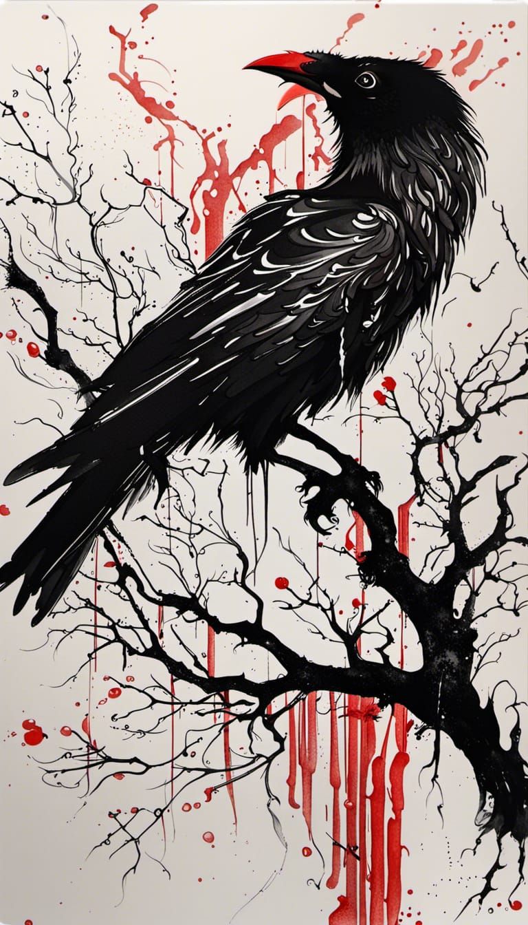 Odin's Ravens in Black and Red Ink Painting