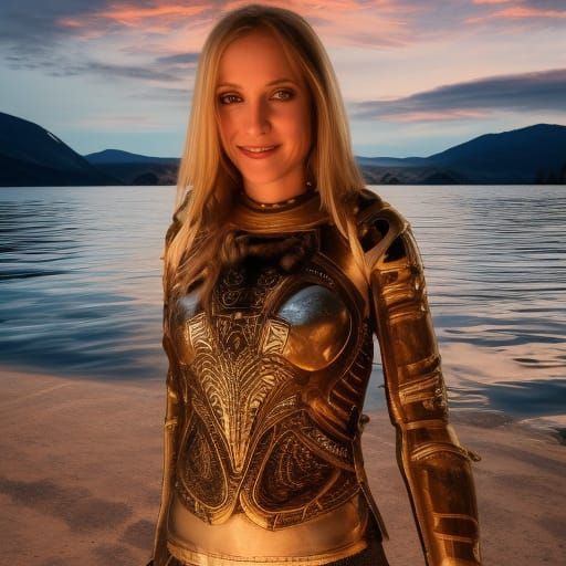 Young Woman Warrior in Blue Armor at Night