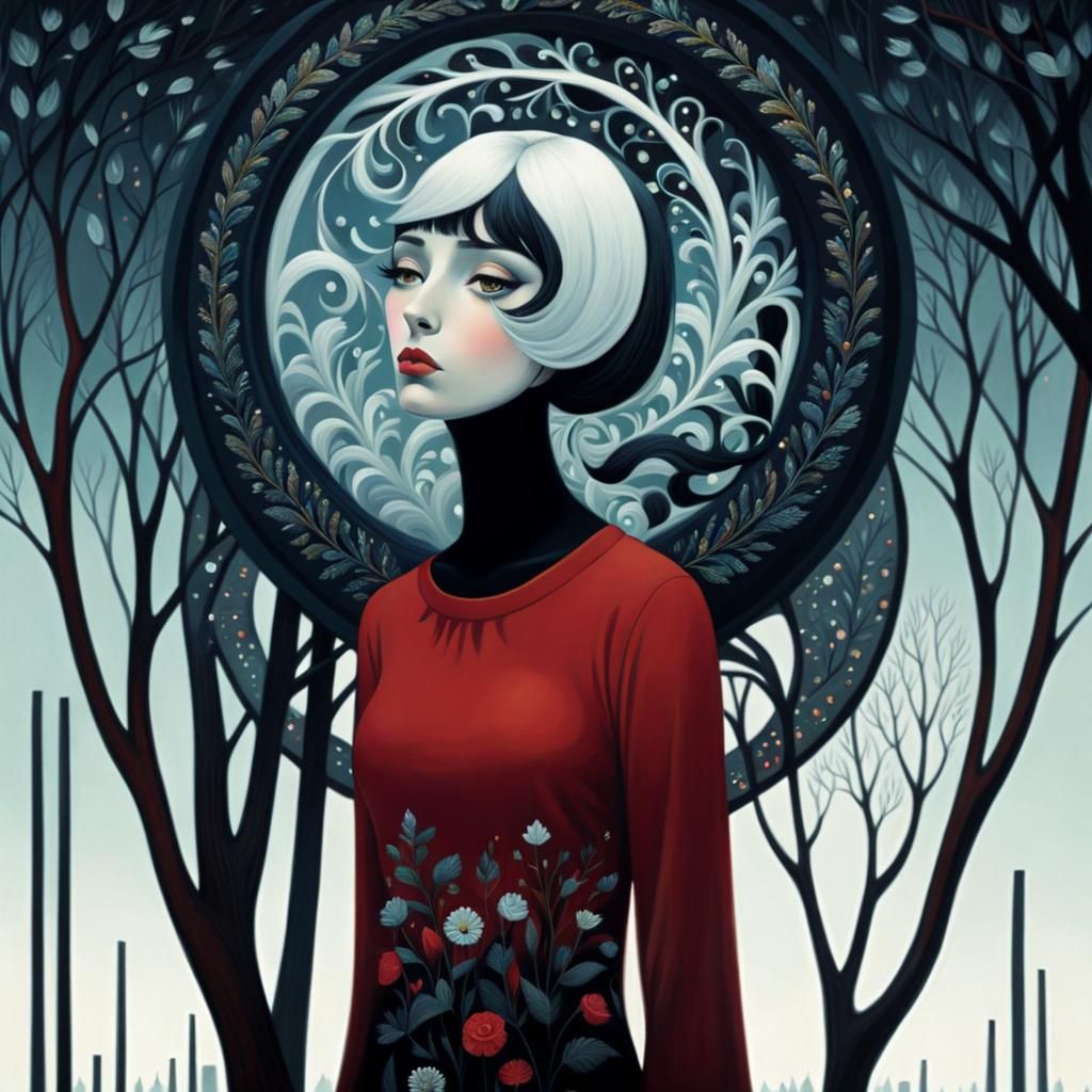 Melancholic Girl in Surreal Naive Art Style