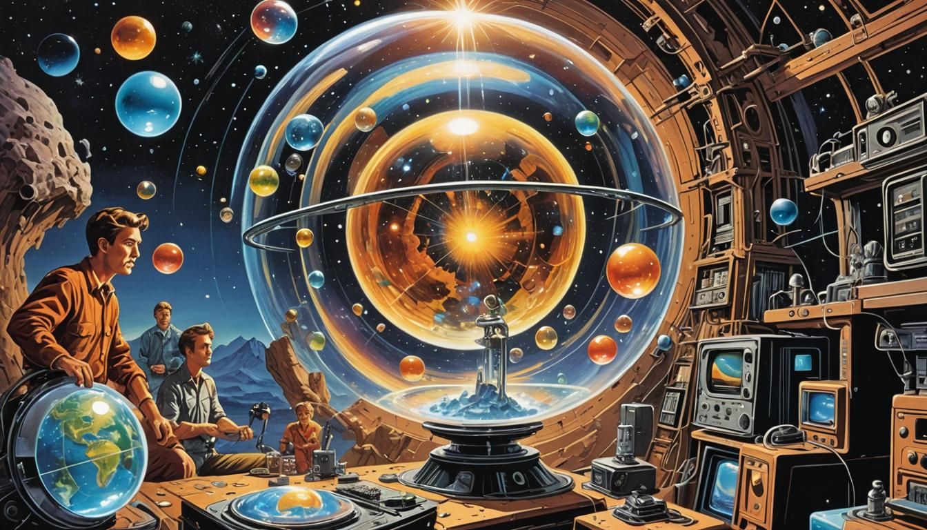 Retro Tech Magazine Cover with Crystals and Bubbles