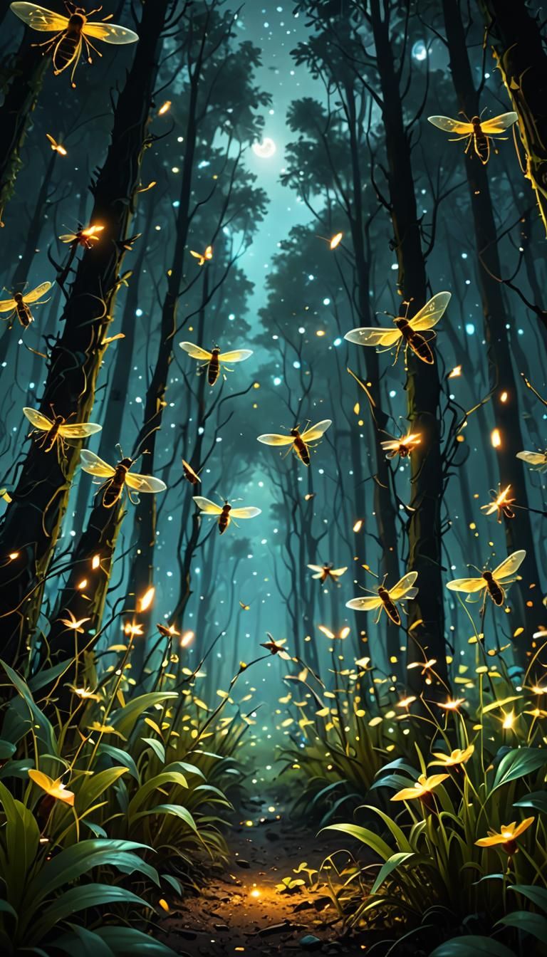 Magical Fireflies in Moonlit Forest: Fantasy Art