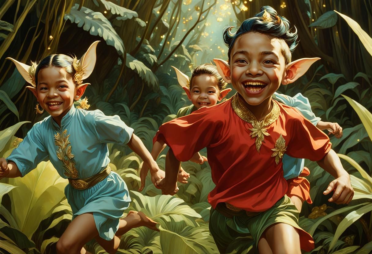 Enchanting Elf-Eared Children in Jungle, Double Exposure