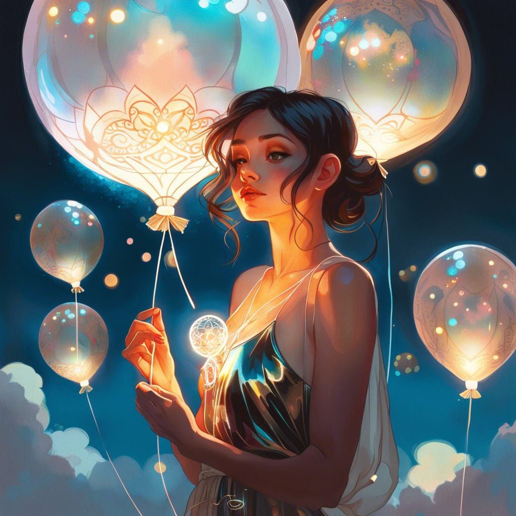 Fairy with Mandala Balloon in Dreamy Sky
