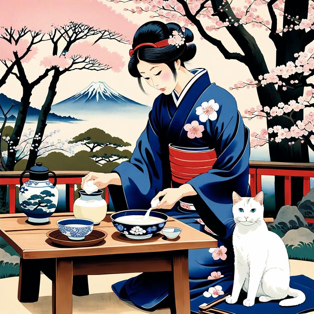 Japanese Lady and Cat in Ukiyo-e Garden