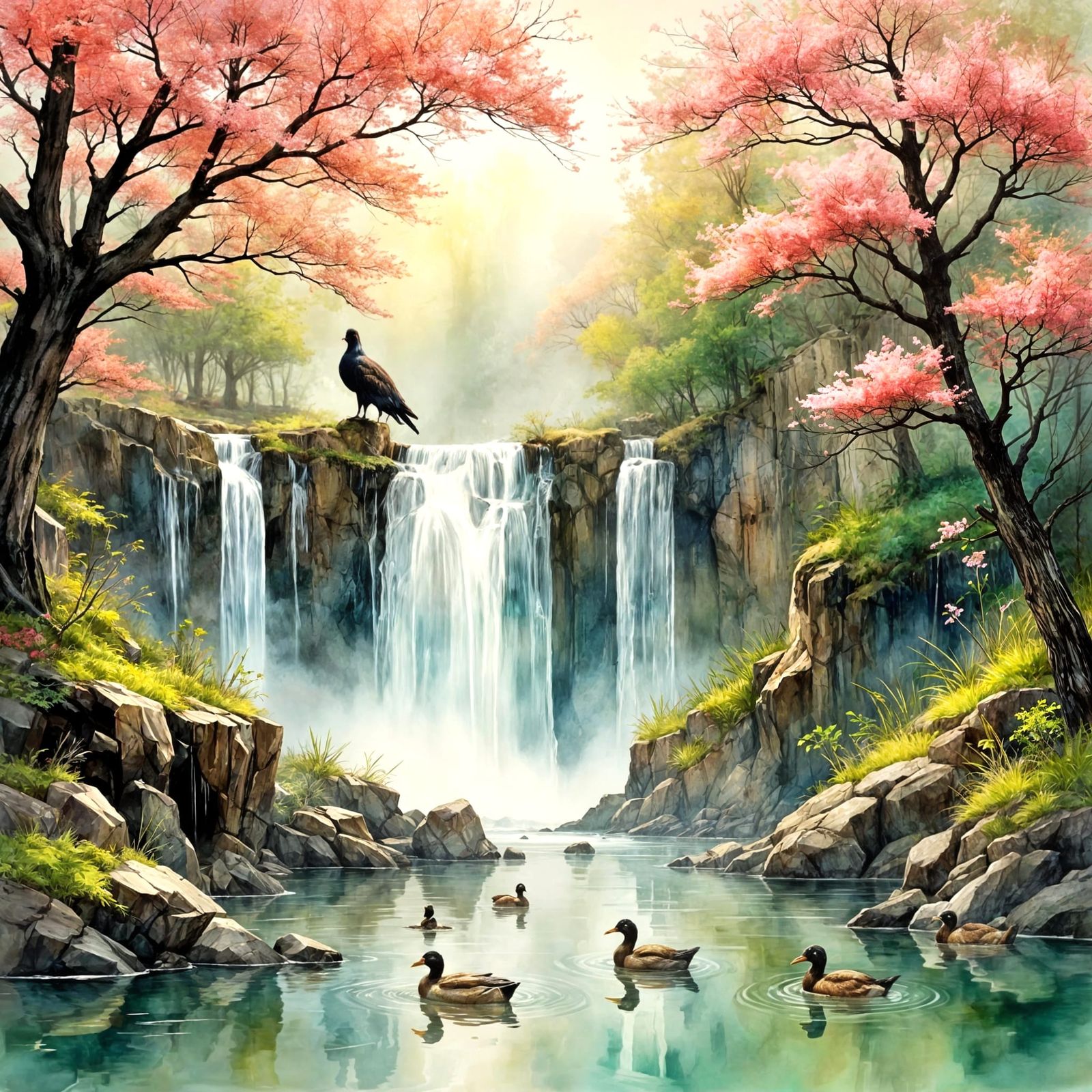 Vibrant Waterfall in China's Spring Landscape