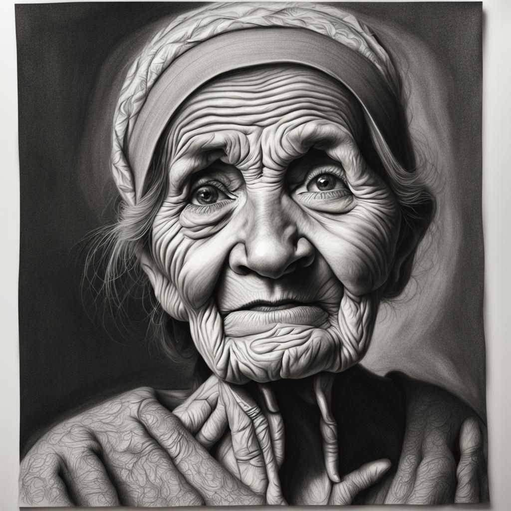 Hyperdetailed Charcoal Drawing of an Old Woman