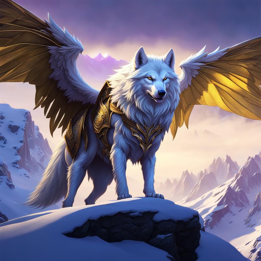Golden-Winged Vampire Wolf on Snowy Mountain