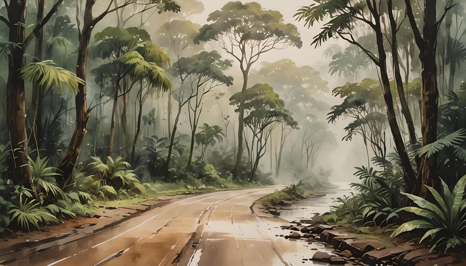 Amazon Road at Sunset in Watercolor Style
