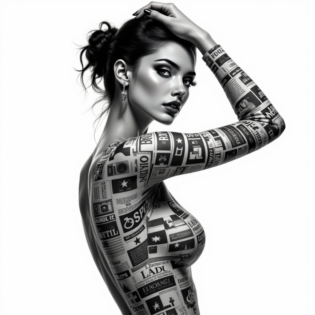 Contemplative Woman in Surrealist Graphic Style