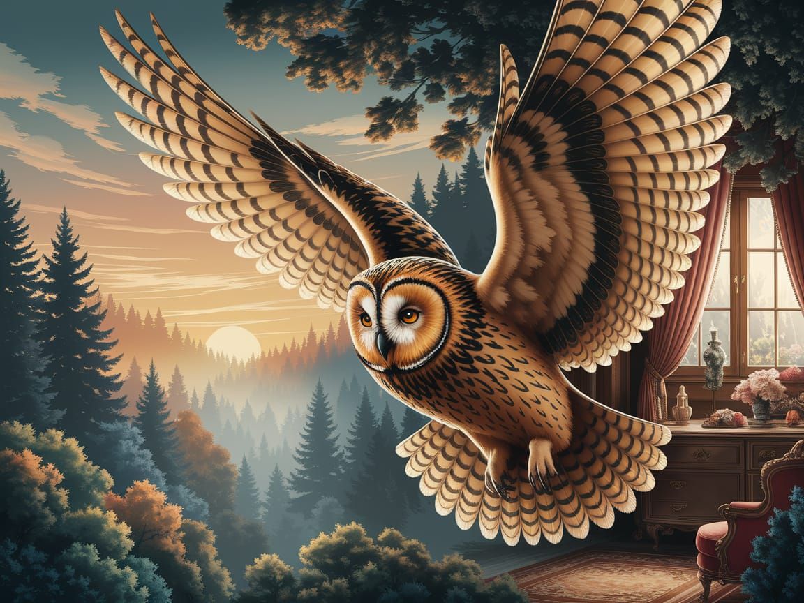 Golden Owl's Flight to a Cozy Room