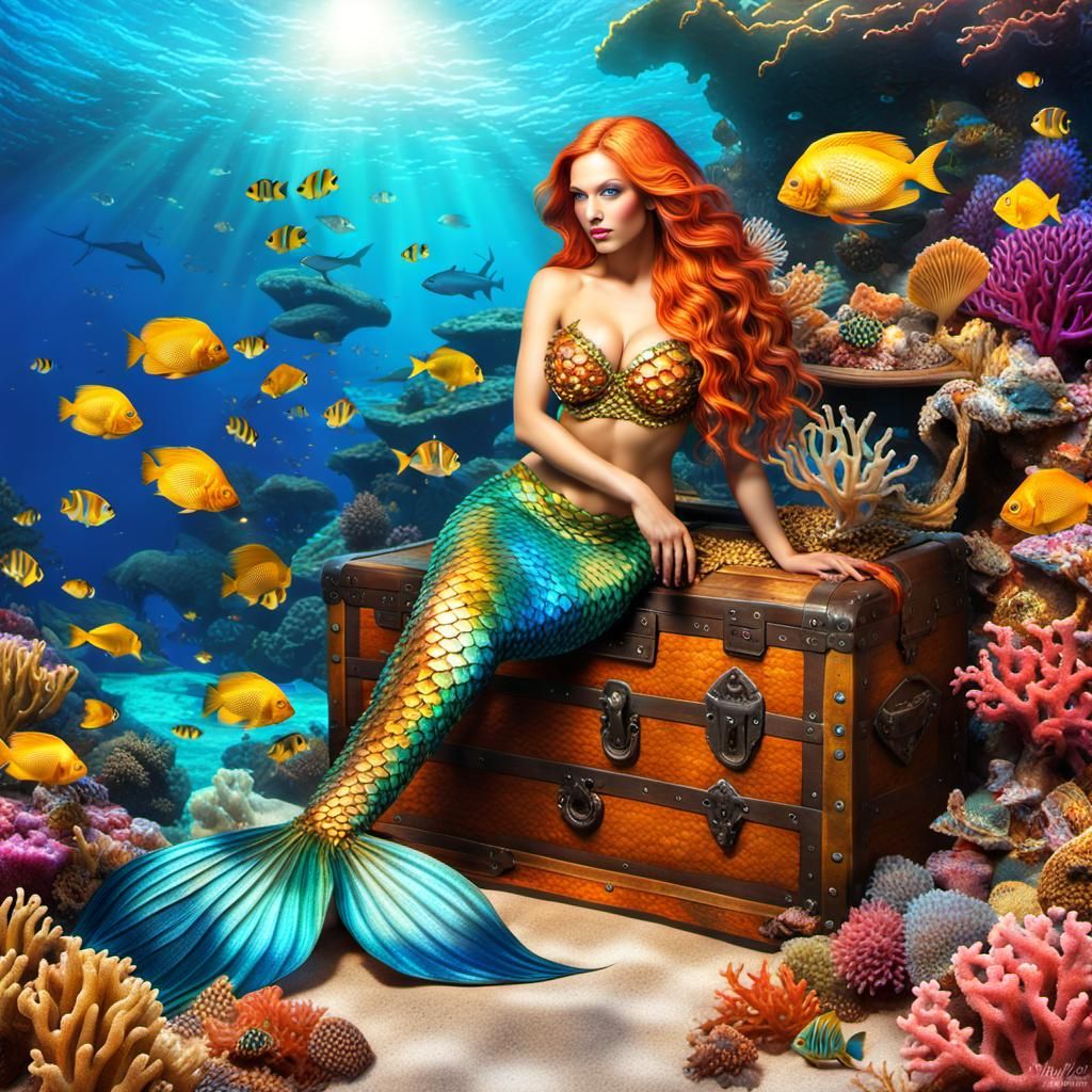 Goddess Mermaid with Treasure Chest on Coral Reef