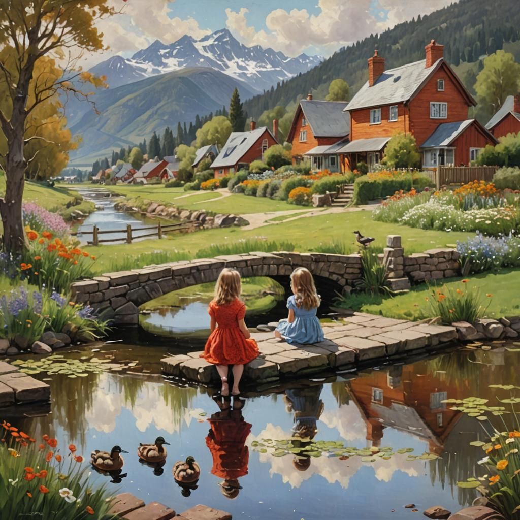 Riverside Bridge Scene as Oil Painting