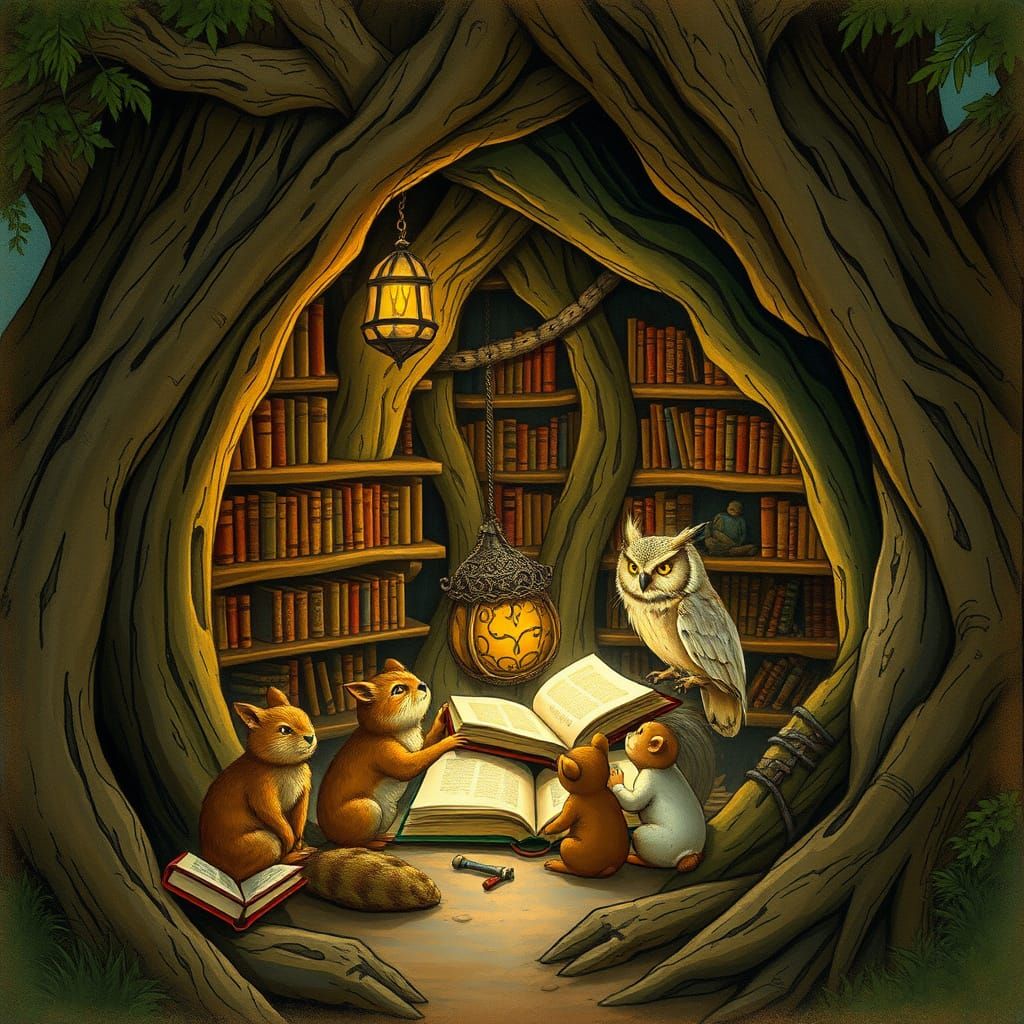 Enchanted Tree Library Illustration in Arthur Rackham Style