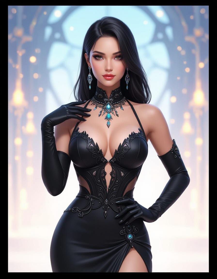 Beautiful Woman in Intricate Black Dress and Futuristic Jewe...