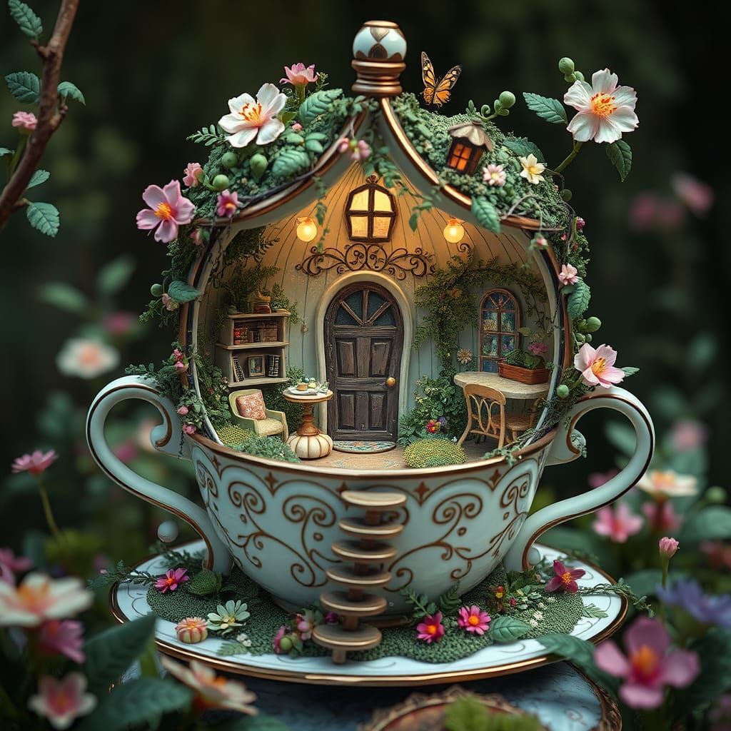 Whimsical Teacup House in Detailed Matte Painting Style