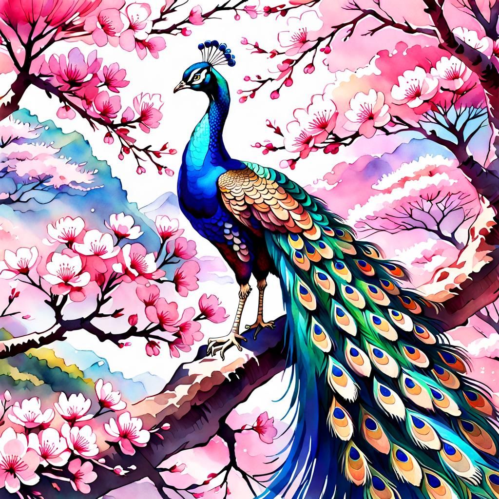 Peacock Under Sakura Tree: Watercolor Masterpiece