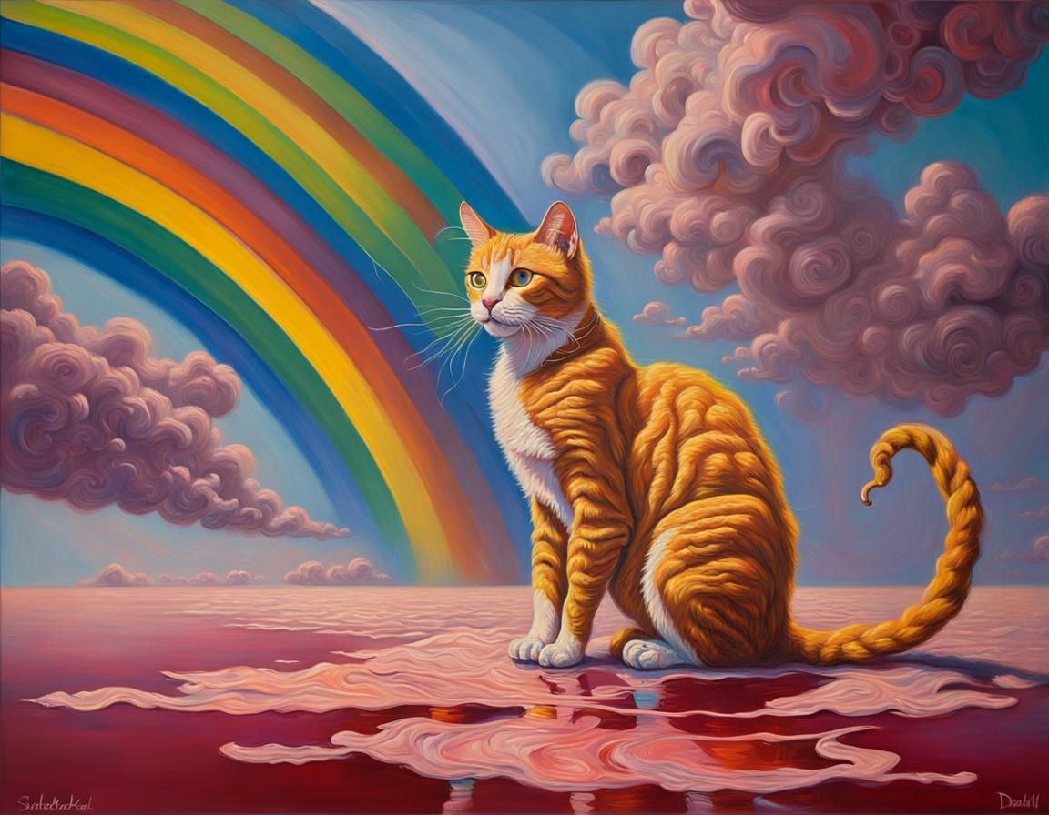 Surreal Rose Cat in Electric Lighting, Oil Painting