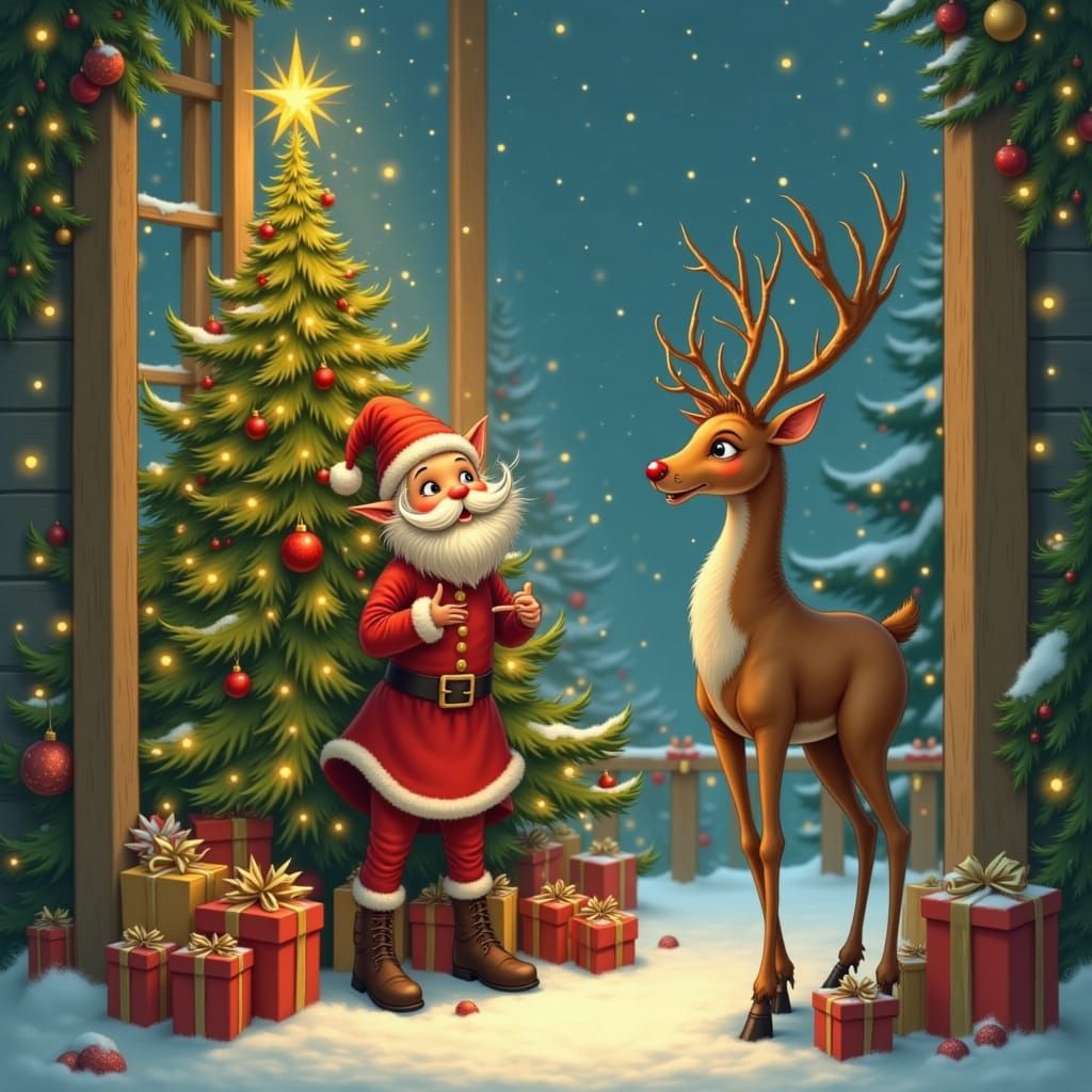 Santa Claus and Reindeer by Festive Christmas Tree