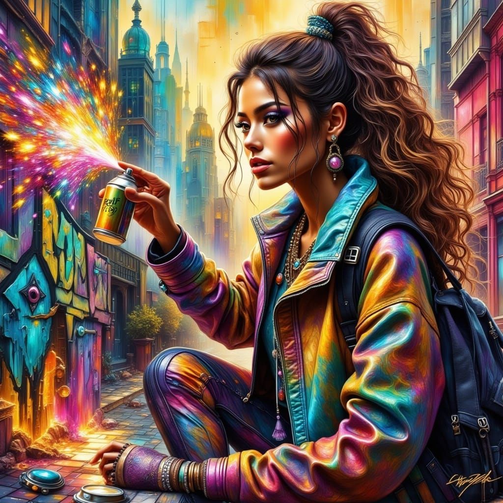 Vibrant Woman Creating Graffiti Art in Hyperrealistic Style