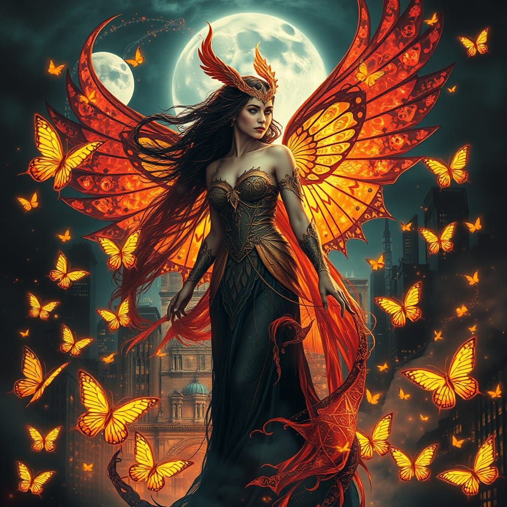 Lady Phoenix: Mystical Warrior in Double Exposure Art