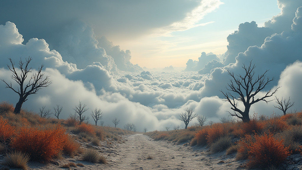 Dreamlike Cloudscape with Arid Plains and Flowers