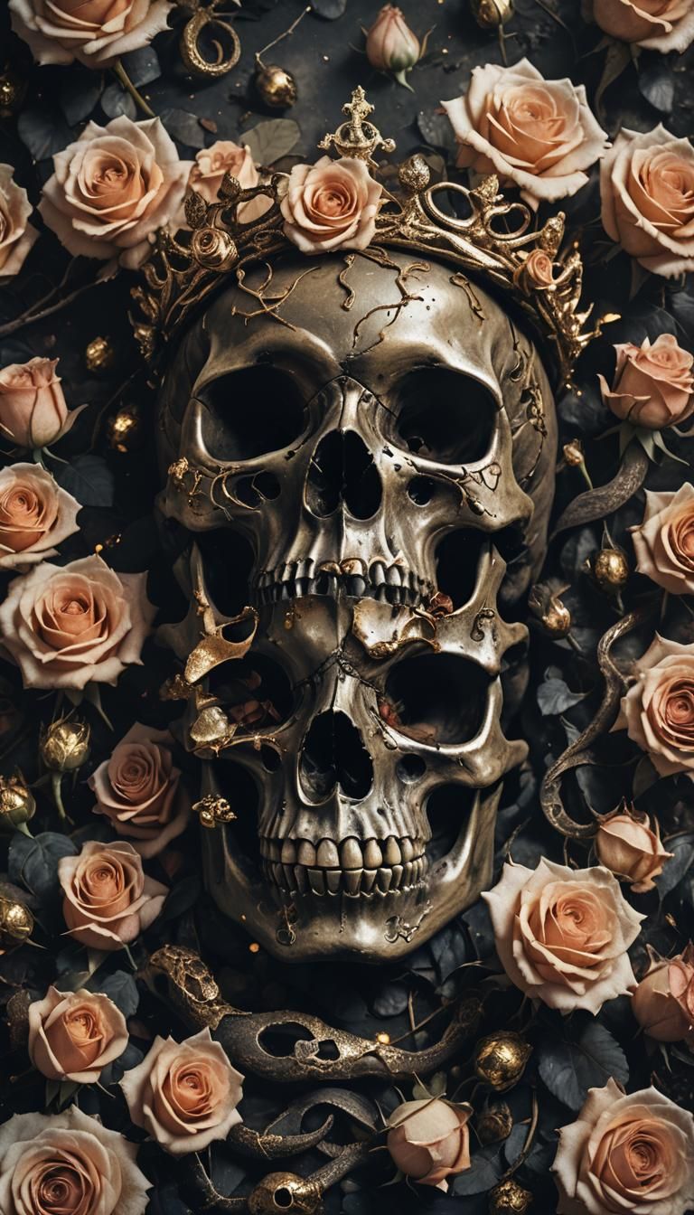 Skull with Snake and Roses in Dark Surrealism
