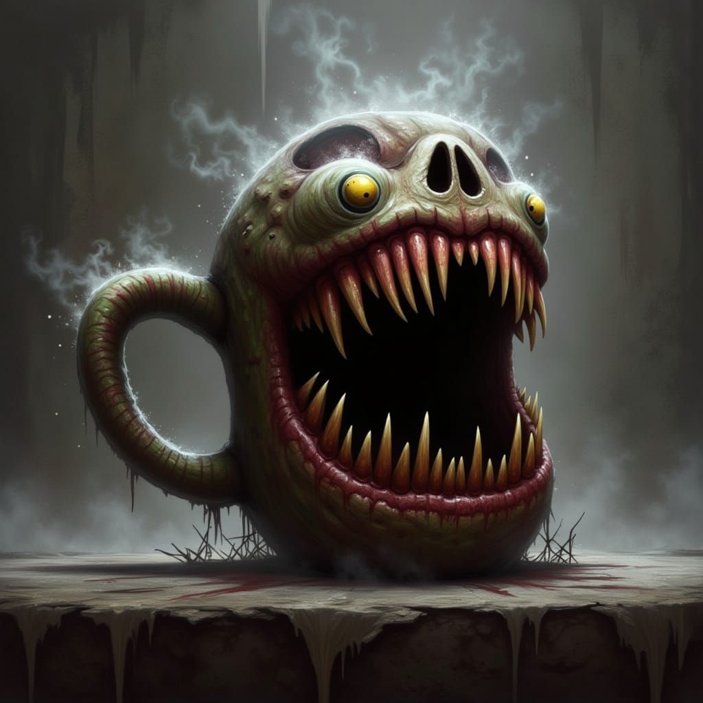 Monstrous Mug Snarling with Sharp Teeth in Dark Fantasy Styl...